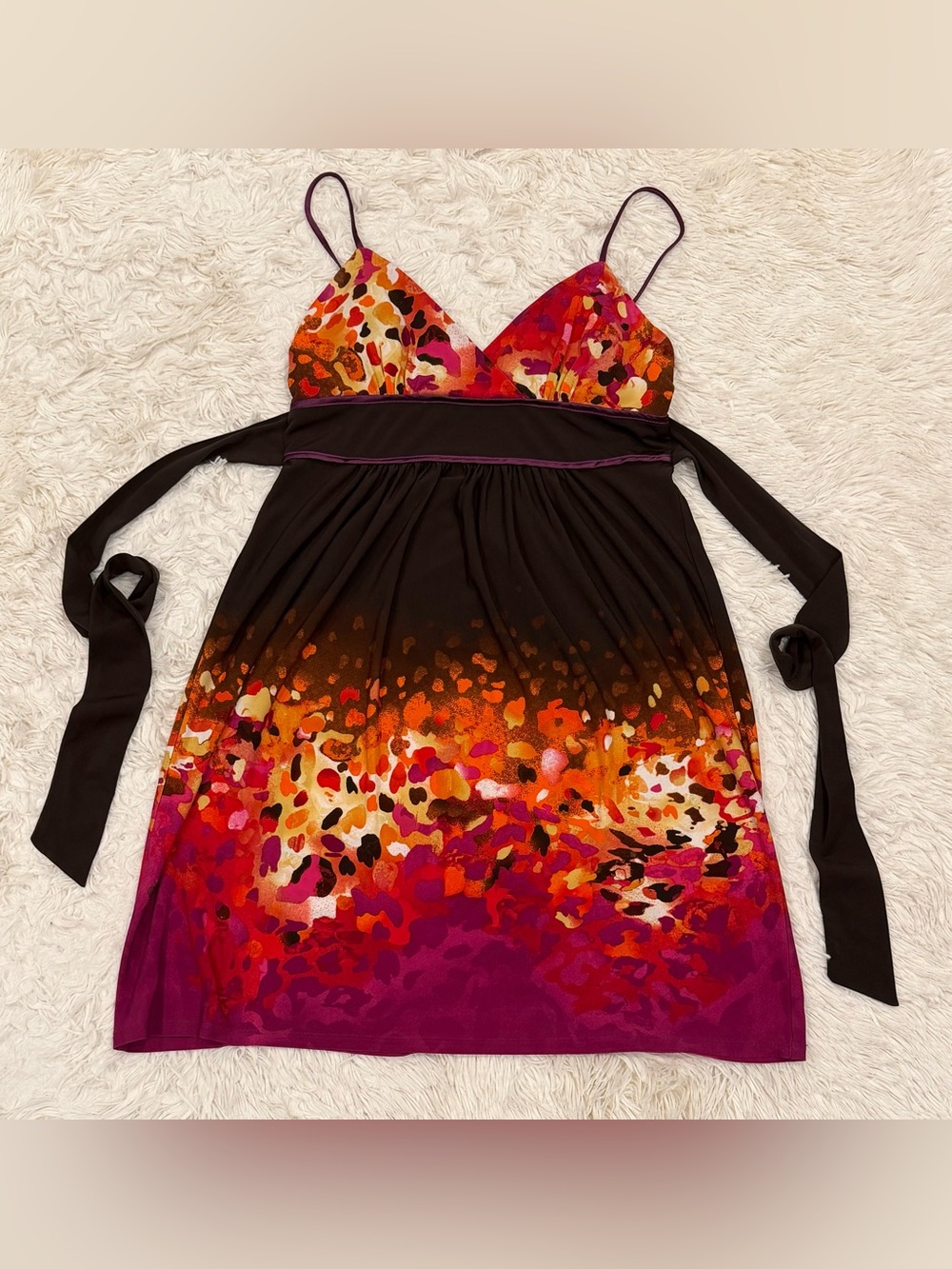 City Triangles Y2K Abstract Floral Dress Medium Empire Waist Sash Orange Brown